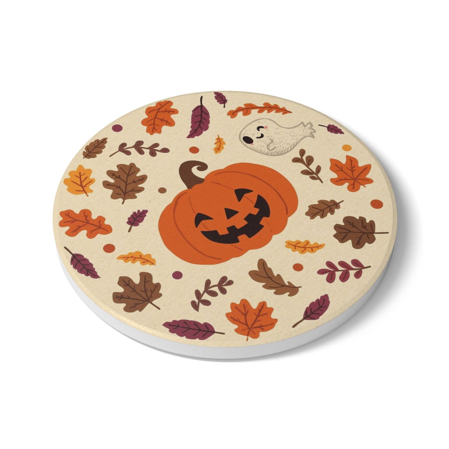 Cheerful Halloween Ceramic Coaster with Pumpkin and Autumn Leaves