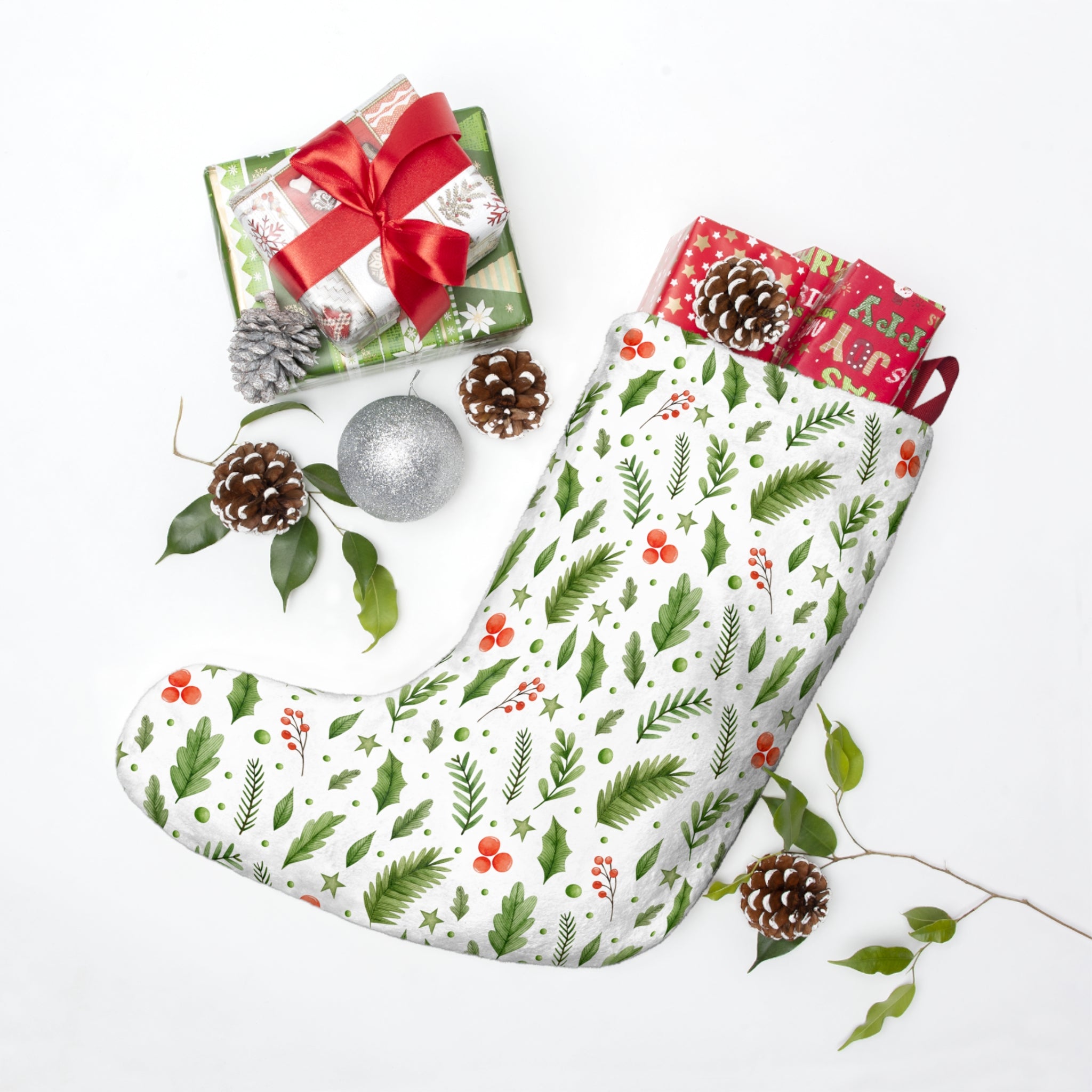 Botanical Christmas Stocking – White Background with Holly, Ferns & Red Berries