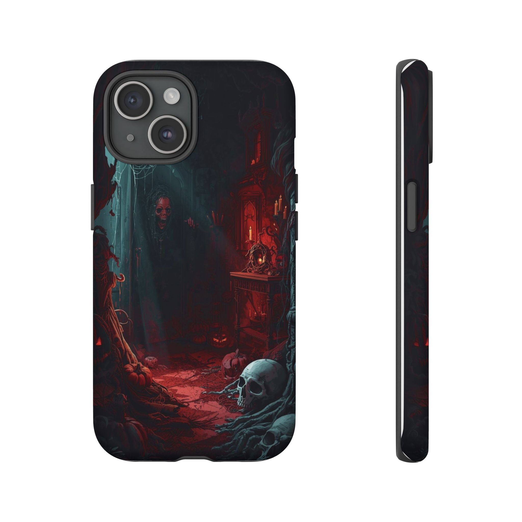 Gothic Phone Case with Haunted Room and Skull Design