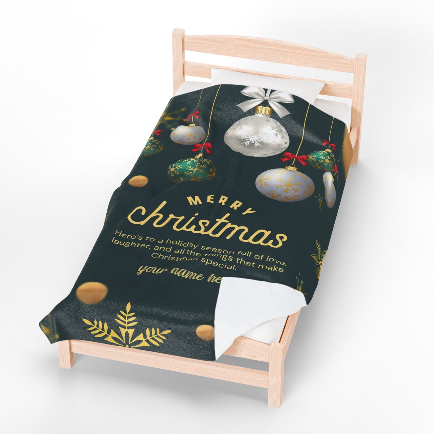 Elegant Green & Gold Christmas Blanket – Personalized Holiday Gift with Ornaments and Message