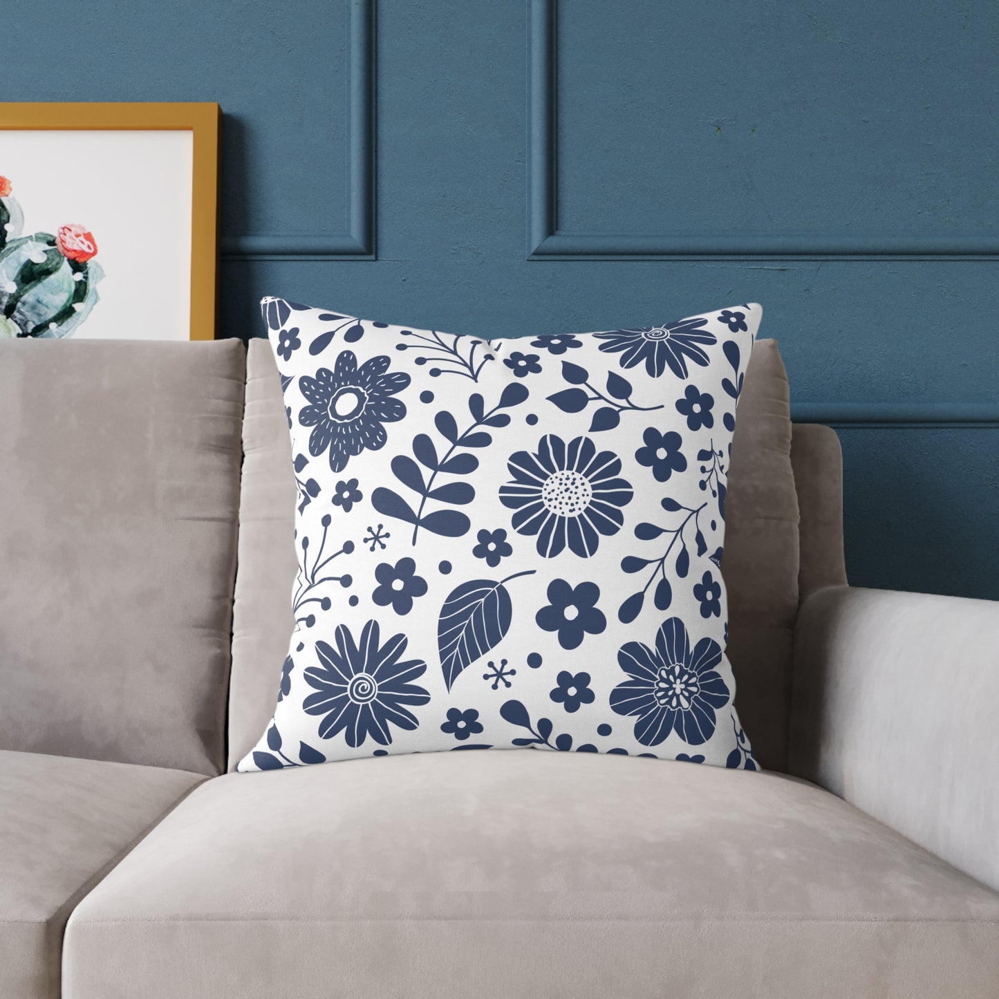 Blue Floral Throw Pillow – Minimalist Botanical Cushion