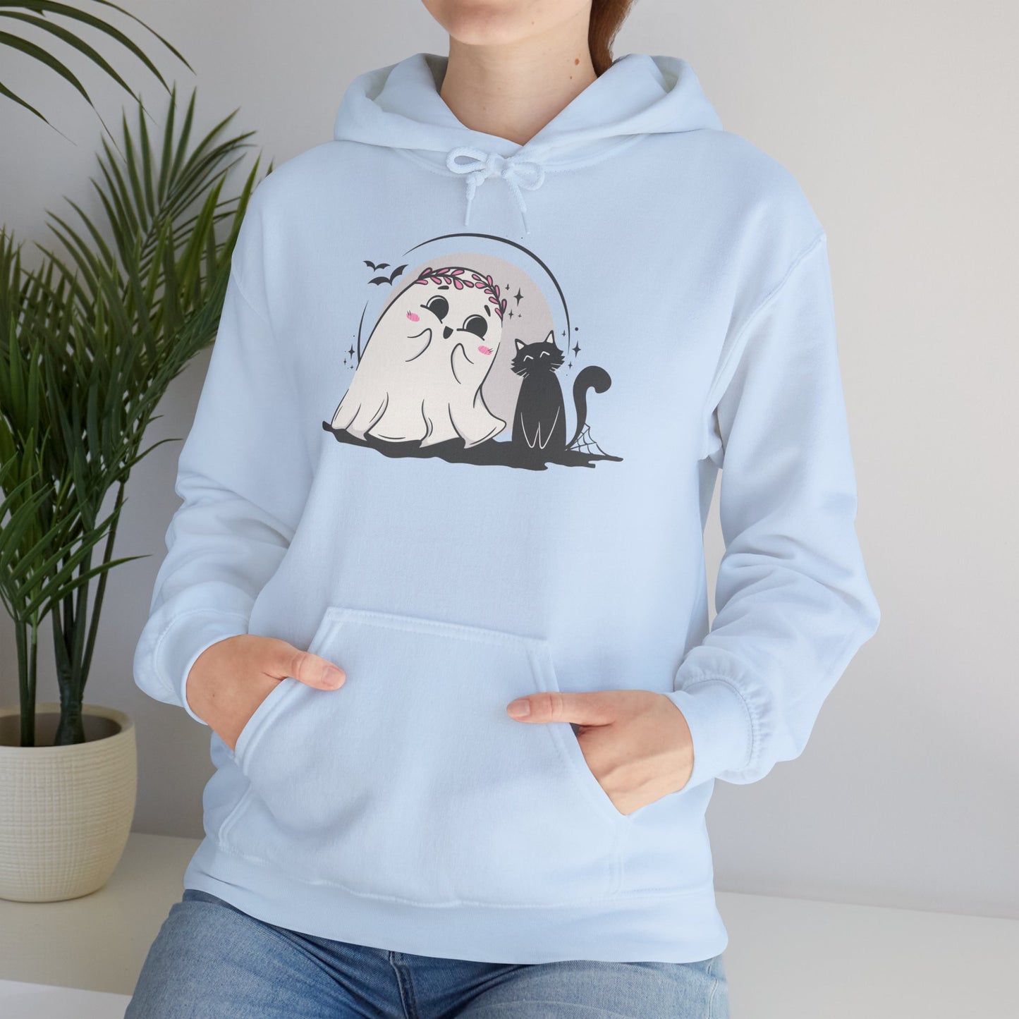 Floral Ghost & Black Cat Hoodie – Cute Halloween Companions