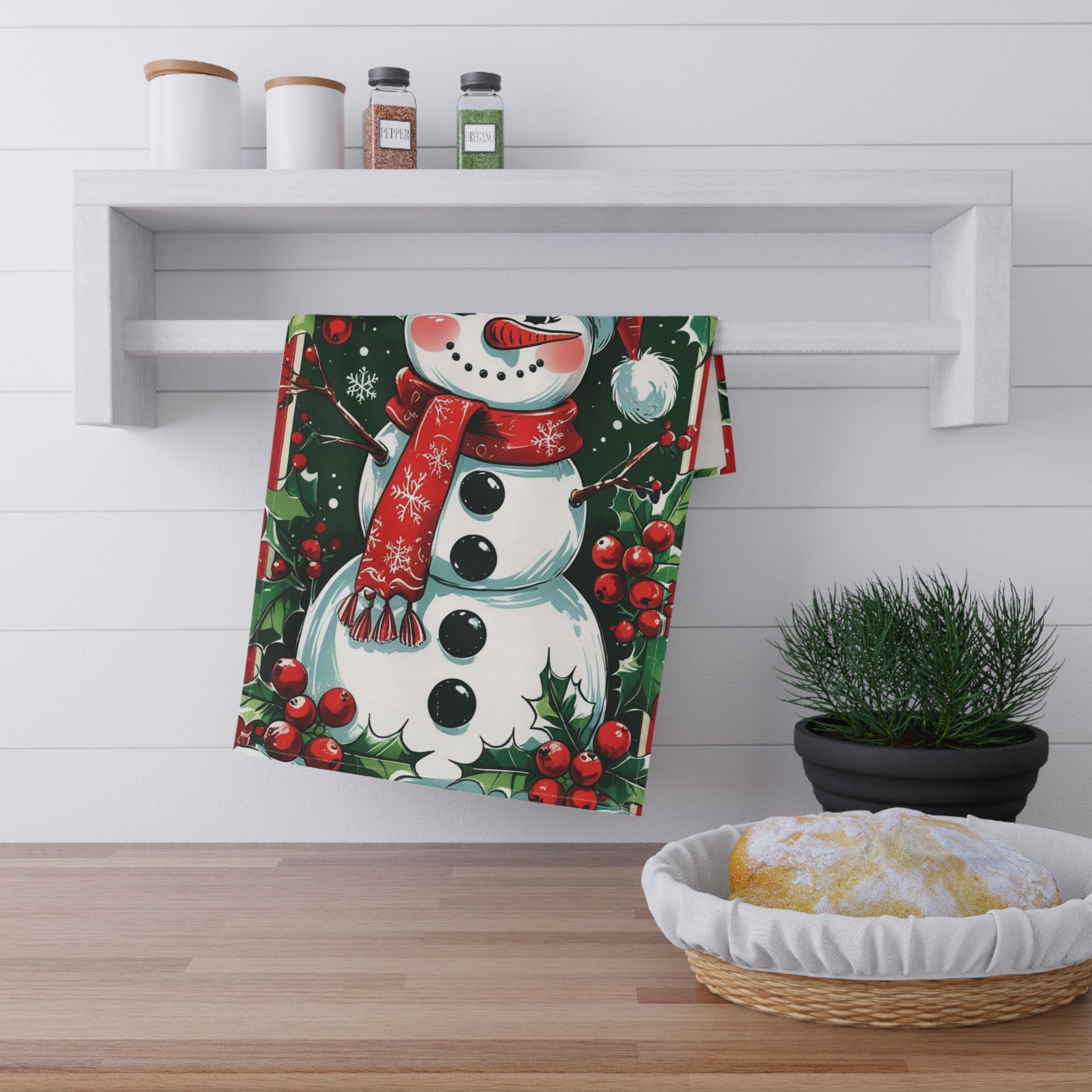 Cheerful Christmas Tea Towel with Snowman and Holly Design