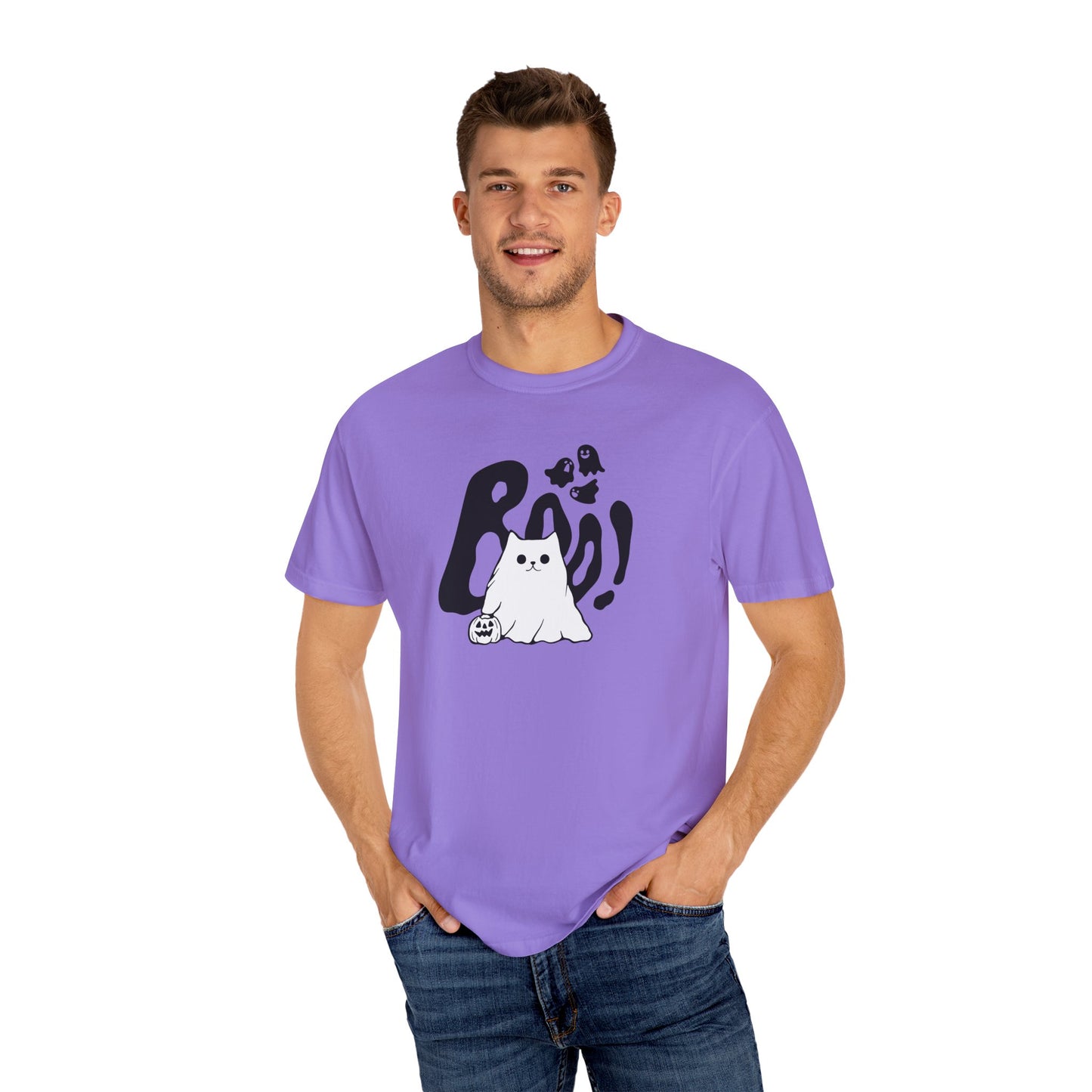 BOO Ghost Cat T-shirt– Pumpkin Purrfection for Halloween