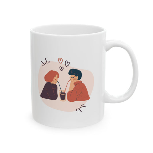Ceramic Coffee Mug with Couple Illustration and Heart Design, 11oz