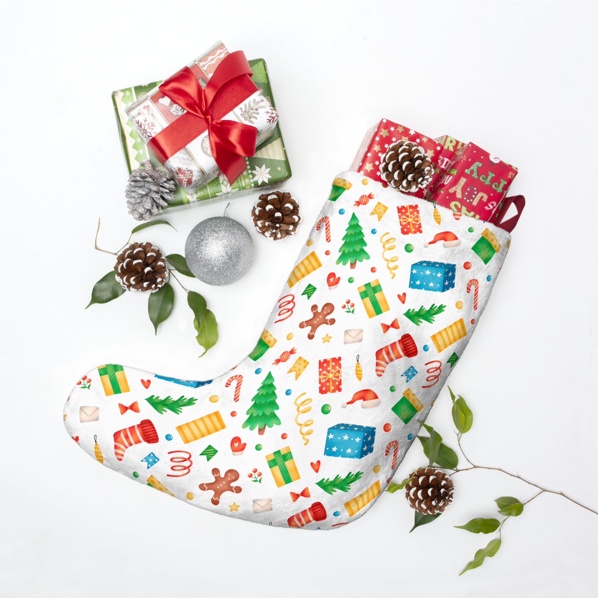 Christmas Stocking – White Base with Gingerbread, Candy Canes & Holiday Icons