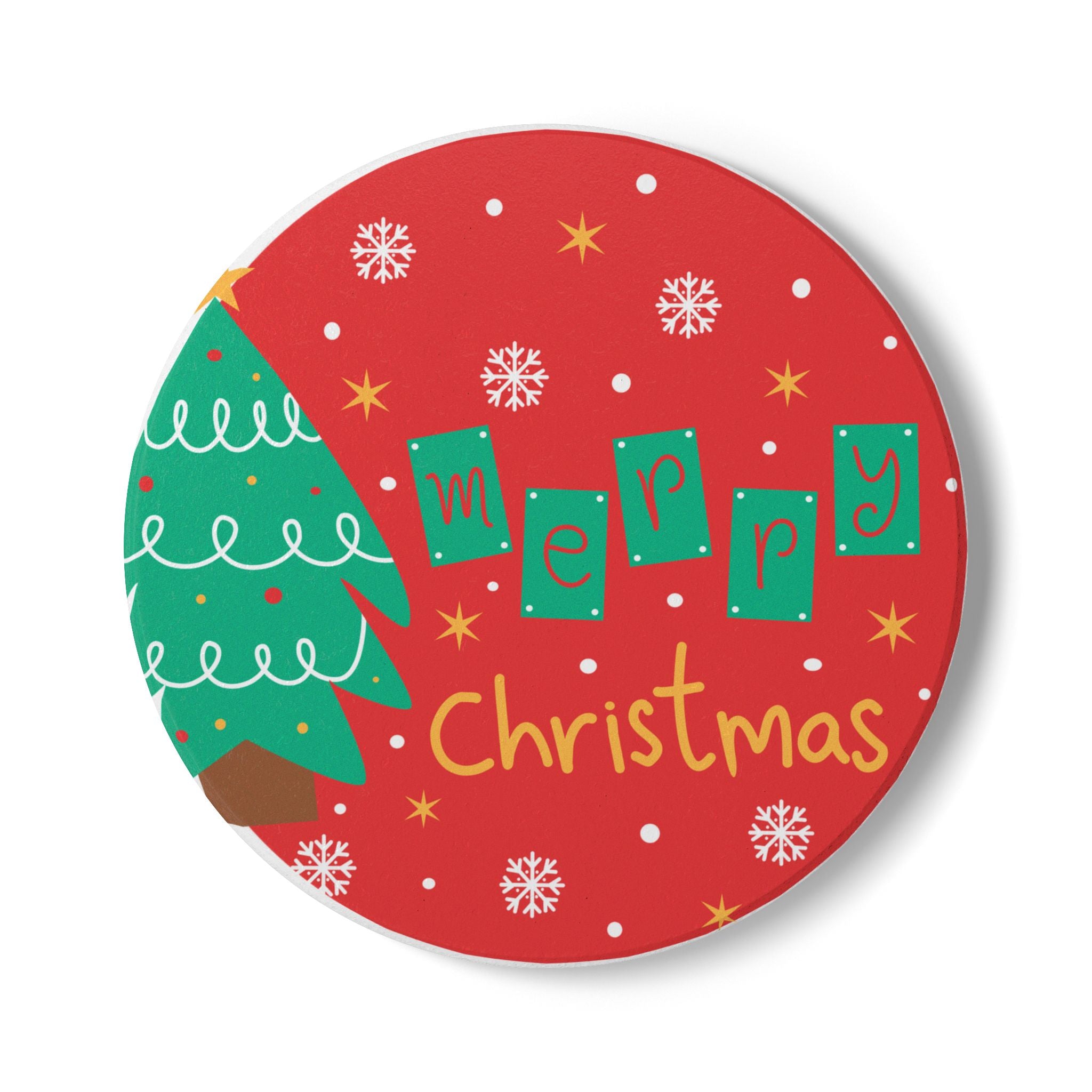 Christmas Ceramic Coaster with Tree and Snowflake Design