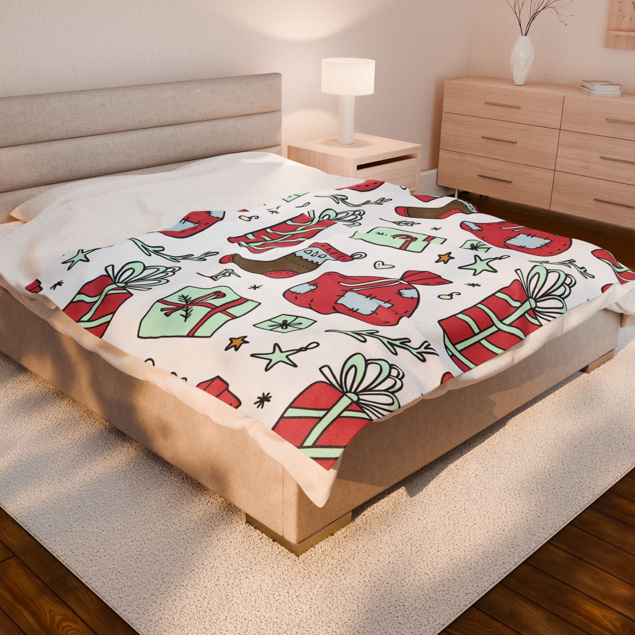 Gift Bag & Candy Cane Velveteen Plush Blanket – Festive Christmas Present Pattern