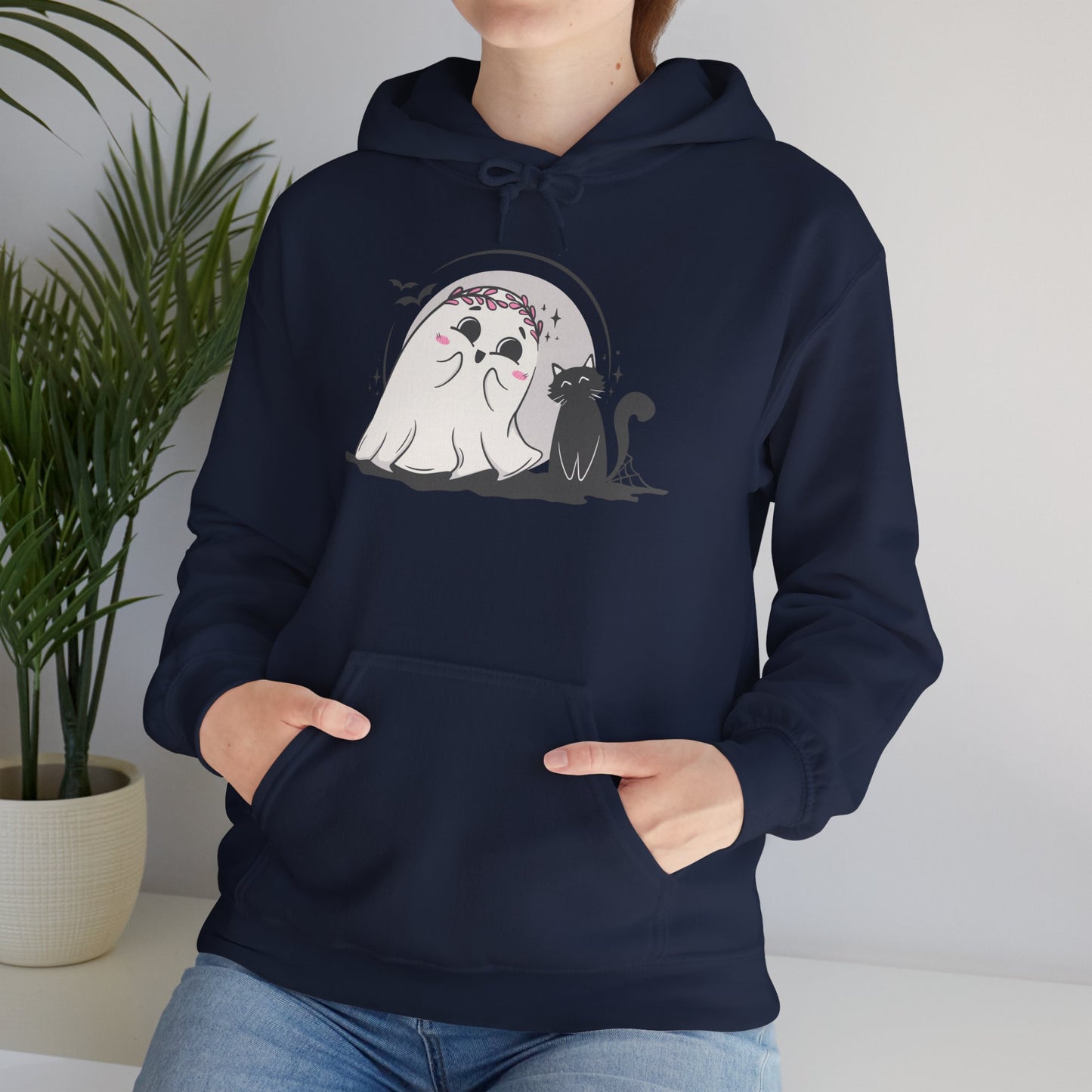Floral Ghost & Black Cat Hoodie – Cute Halloween Companions