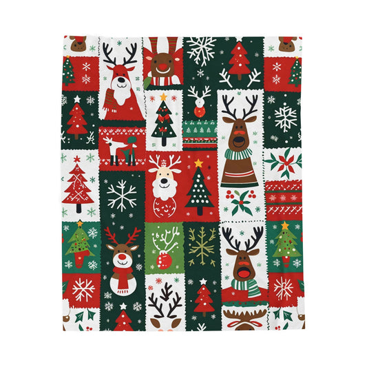 Patchwork Christmas Velveteen Plush Blanket – Reindeer, Trees & Snowflake Holiday Print