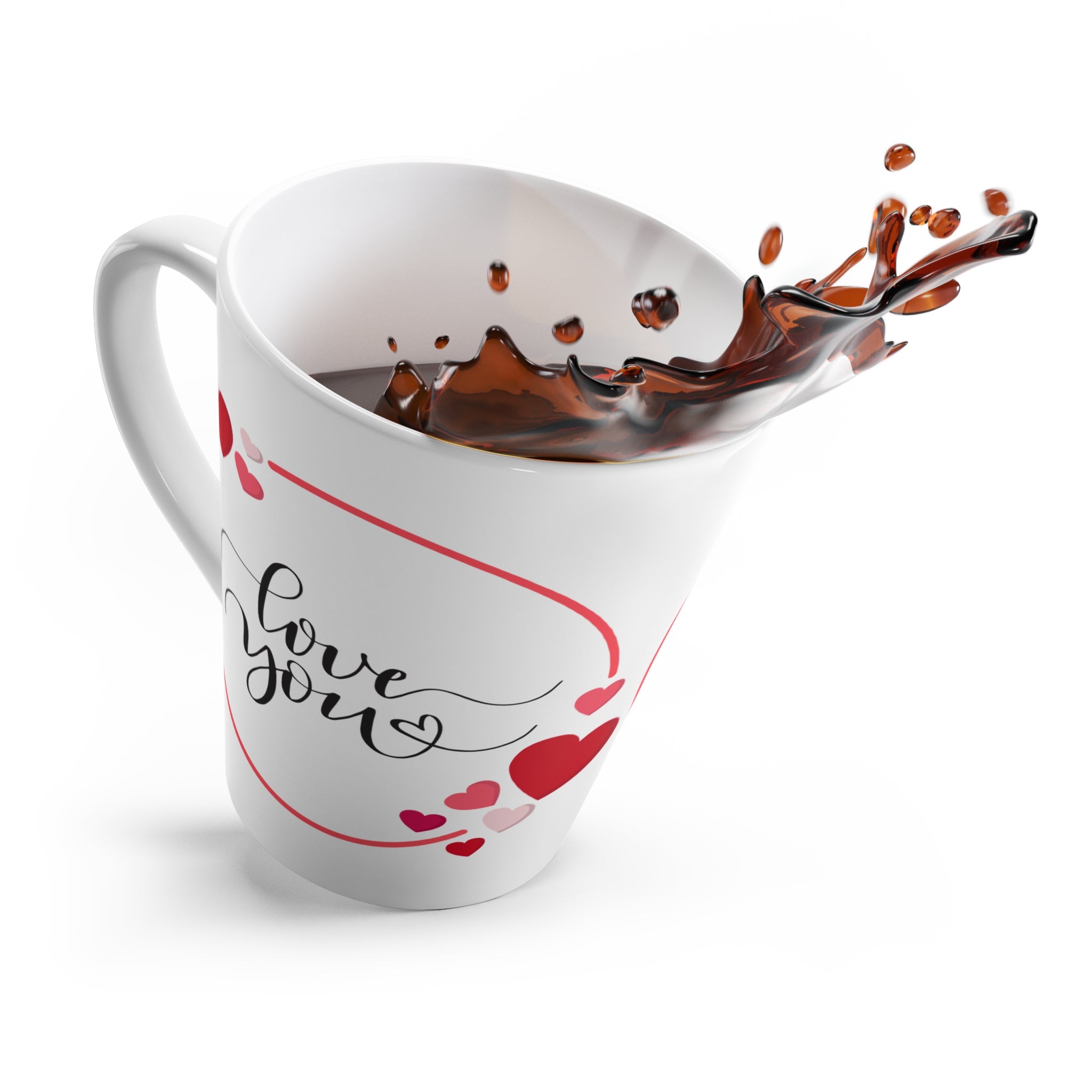 Ceramic Latte Mug – “Love You” Script with Red & Pink Hearts