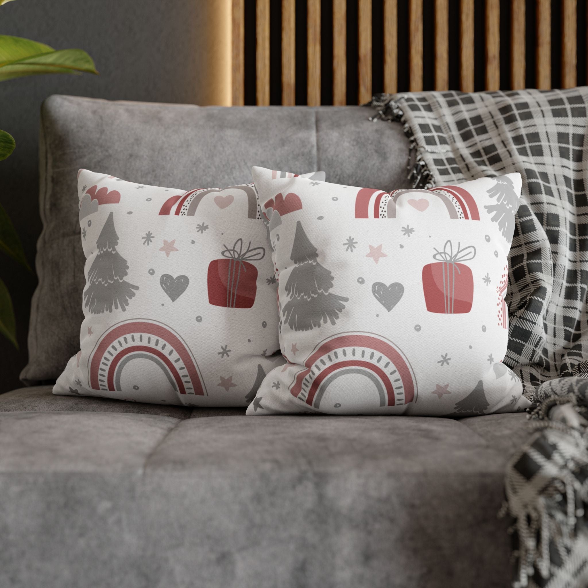 Scandinavian Christmas Pillow Cover – Red Gift Box, Trees & Modern Holiday Decor