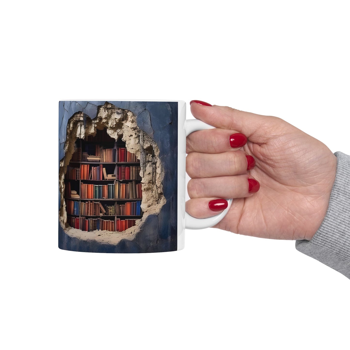 Mug - 3D Bookshelf Illusion - Unique Library Wall Break Design