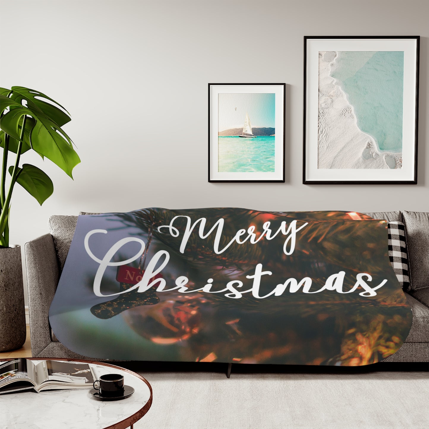 Merry Christams with Ornaments Printed Sherpa Blanket
