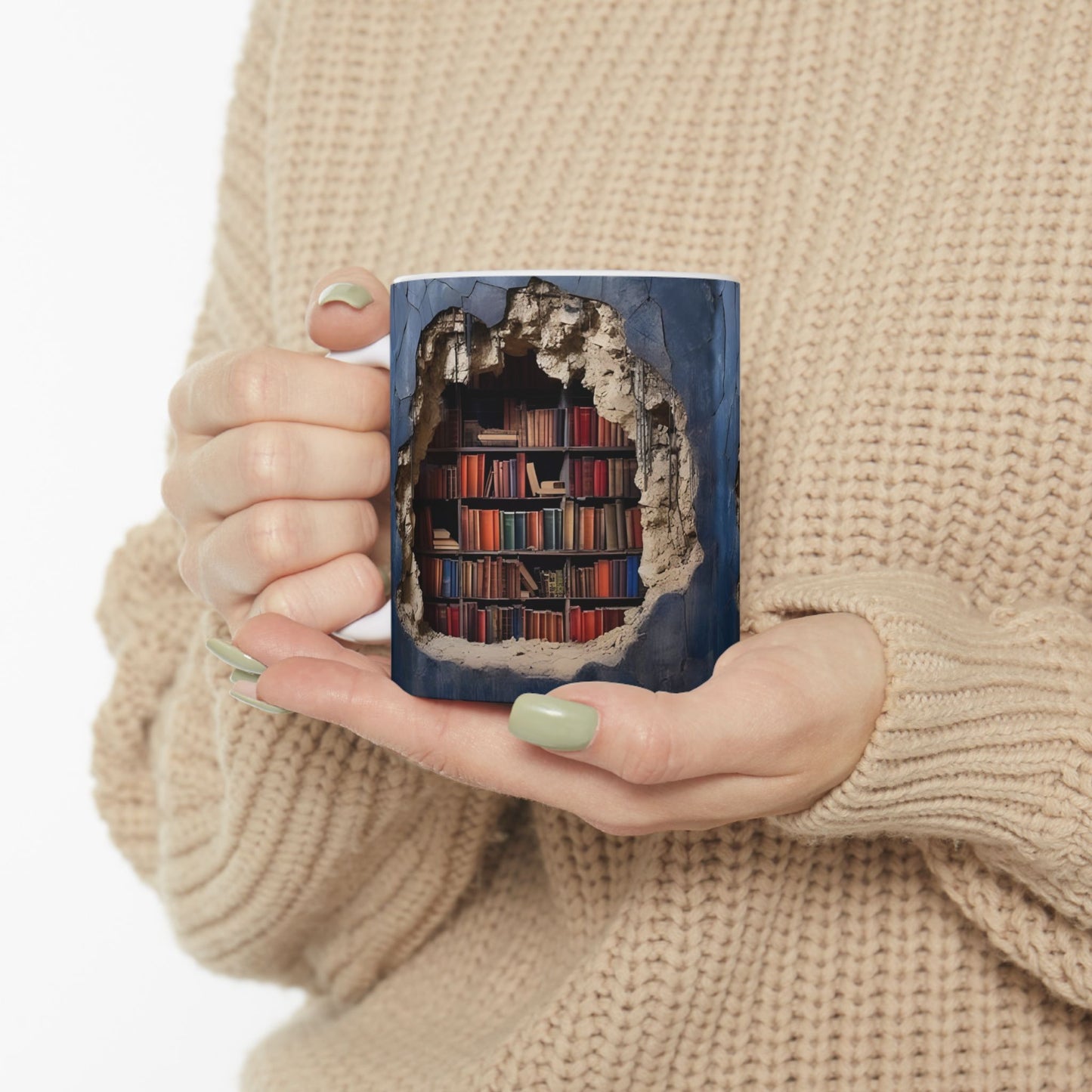 Mug - 3D Bookshelf Illusion - Unique Library Wall Break Design