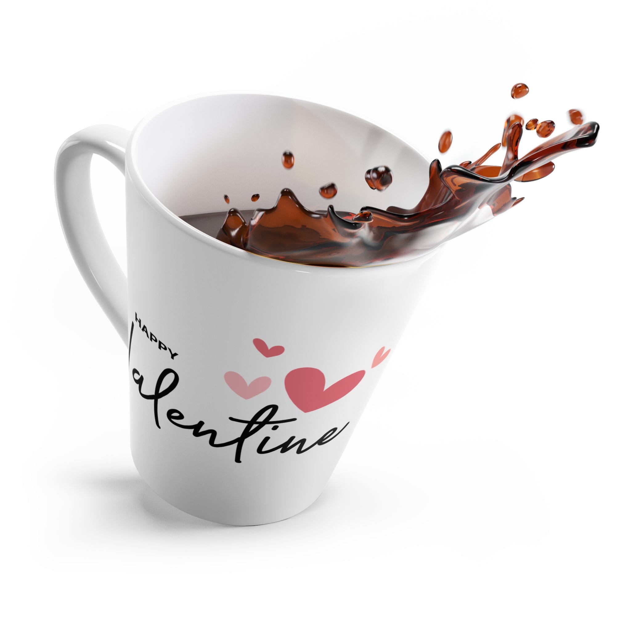 Ceramic Latte Mug – “Happy Valentine” with Pink & Red Hearts