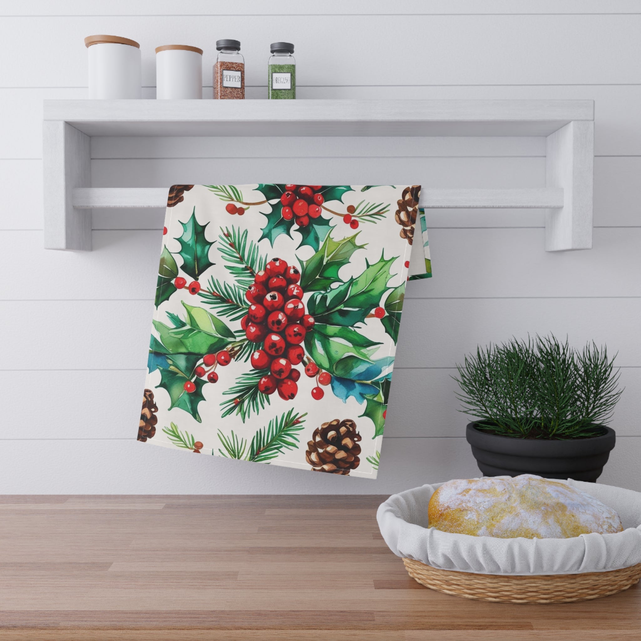 Festive Christmas Tea Towel with Holly and Pinecone Pattern