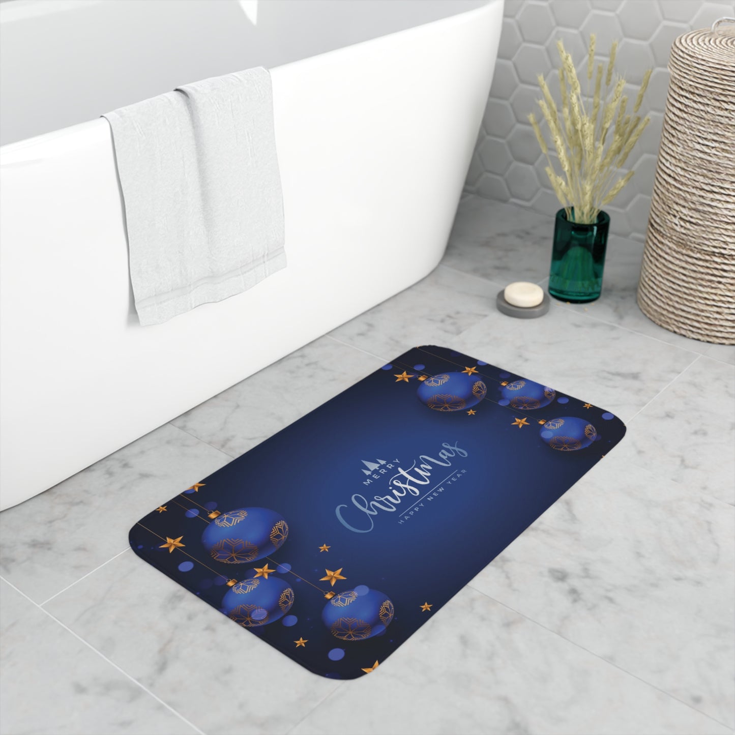 Merry Christmas Printed Memory Foam Bath Mat, Dark Blue