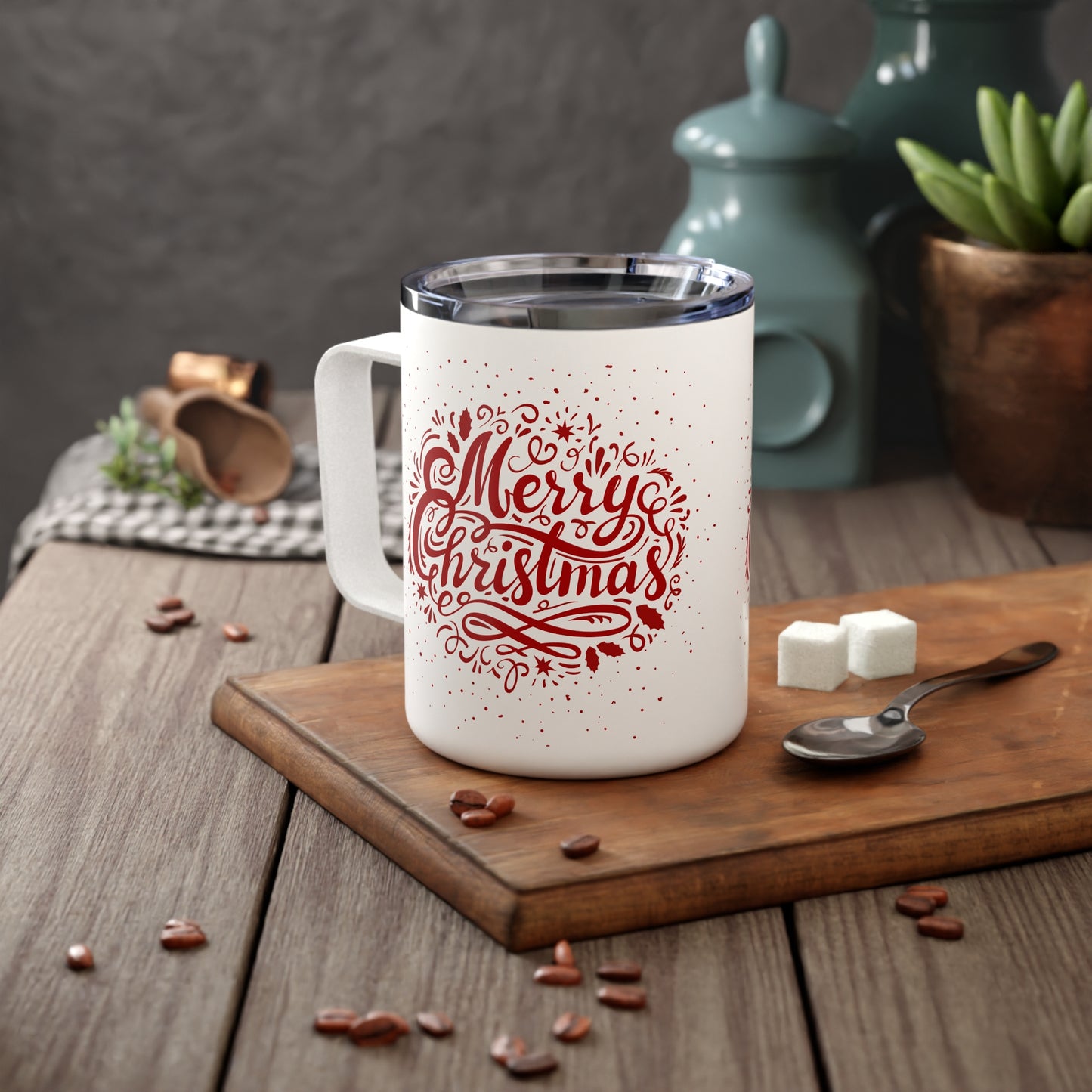 10oz Travel Mug, “Merry Christmas” Red Design with Stars and Leaves, Gift for Holiday Season