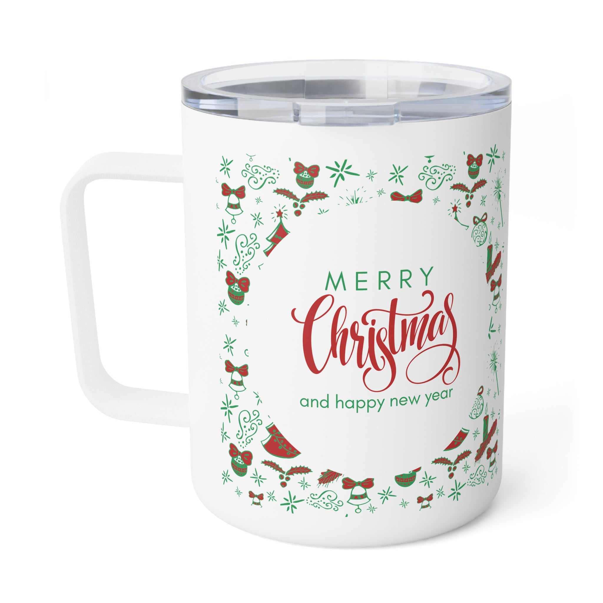 10oz Travel Mug, “Merry Christmas and Happy New Year” with Holiday Icons, Gift for Festive Season