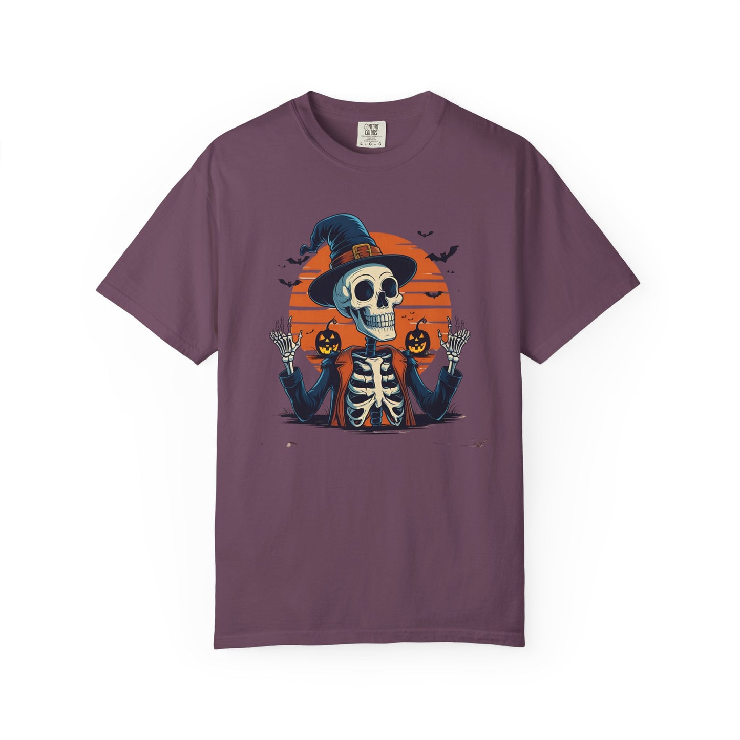Skeleton Witch Halloween T-shirt for Adults & Teens, Funny Spooky Sunset Graphic Tee, Unisex Garment-Dyed Top, Pumpkin Hat Shirt, Halloween
