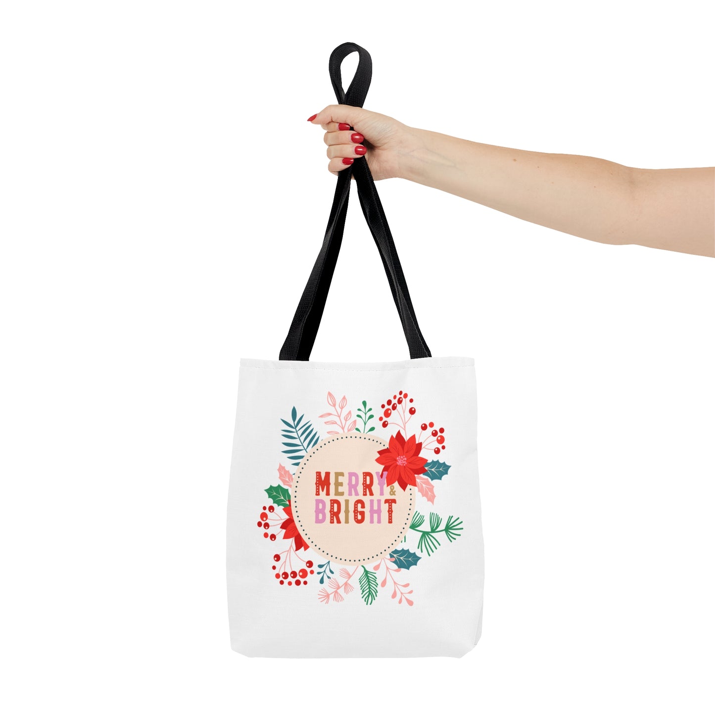 Tote Bag – MERRY & BRIGHT Floral Design – Gift for Christmas, Holiday Shopping, Winter Outings