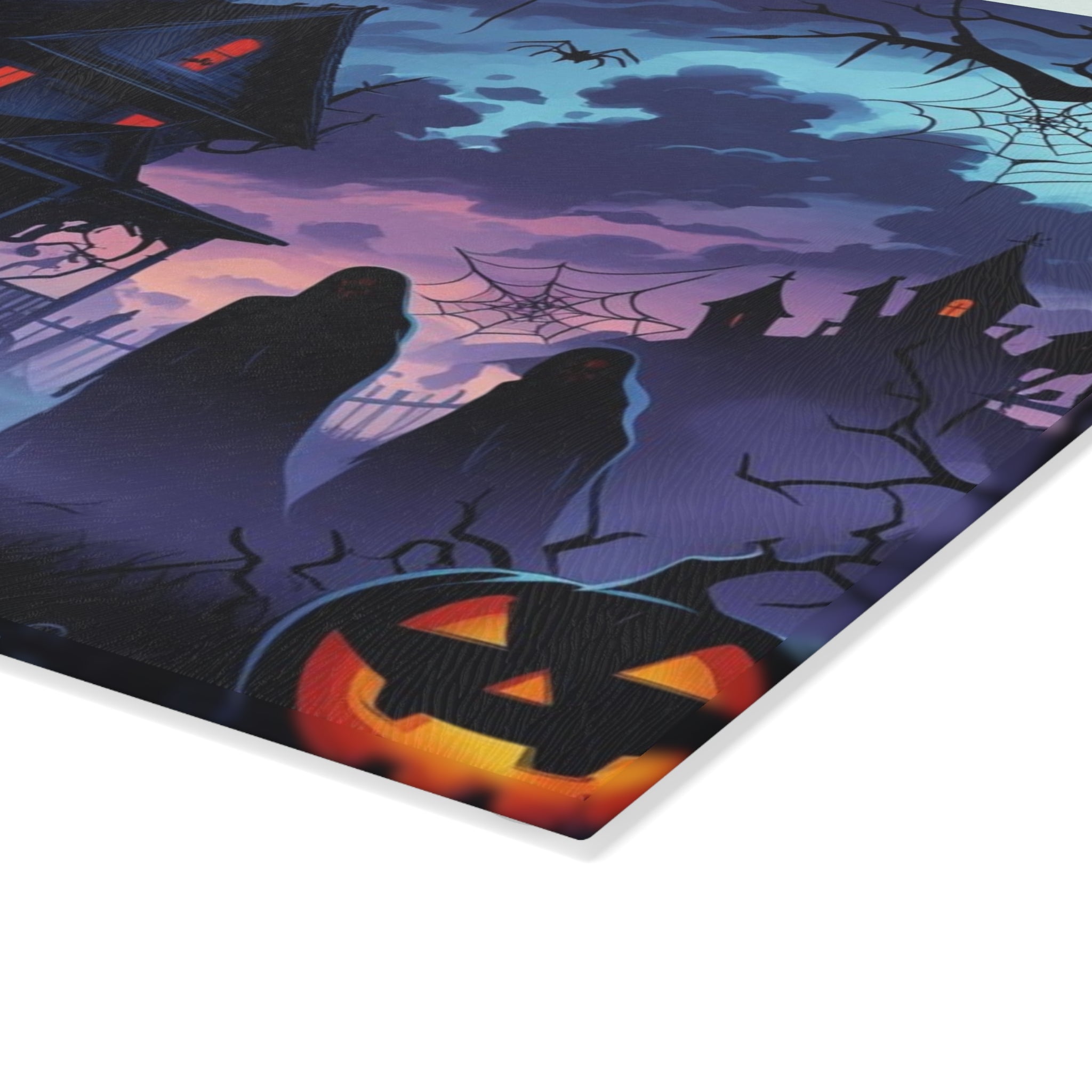 Spooky Halloween Cutting Board with Haunted House and Pumpkins