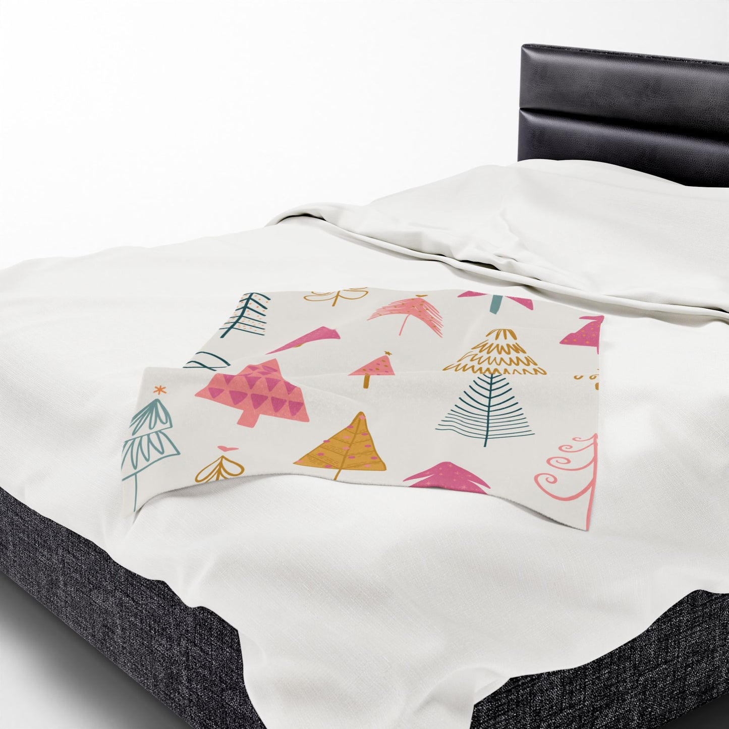 Velveteen Plush Blanket - Christmas Trees Pink Green Gold Holiday Throw