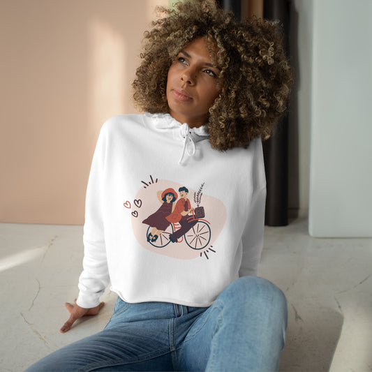 Couple on Cycle Printed Crop Hoodie for Her