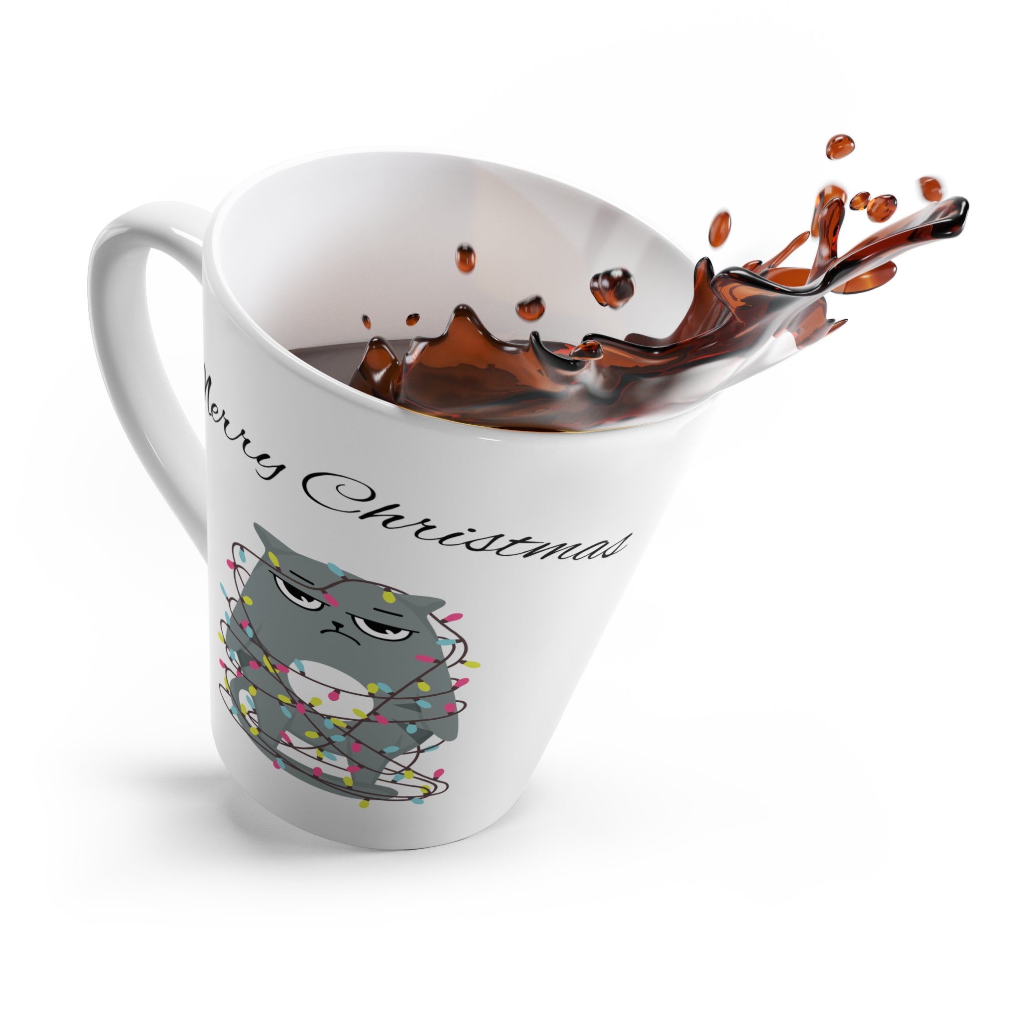 12oz Ceramic Latte Mug – Grumpy Cat Christmas Lights Design – Funny Holiday Gift for Coffee Lovers