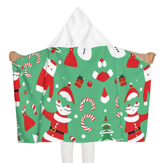 Kids’ Towel Hoodie – Green Christmas Design with Santa, Snowmen & Candy Canes – Soft Holiday Bath & Beach Wrap