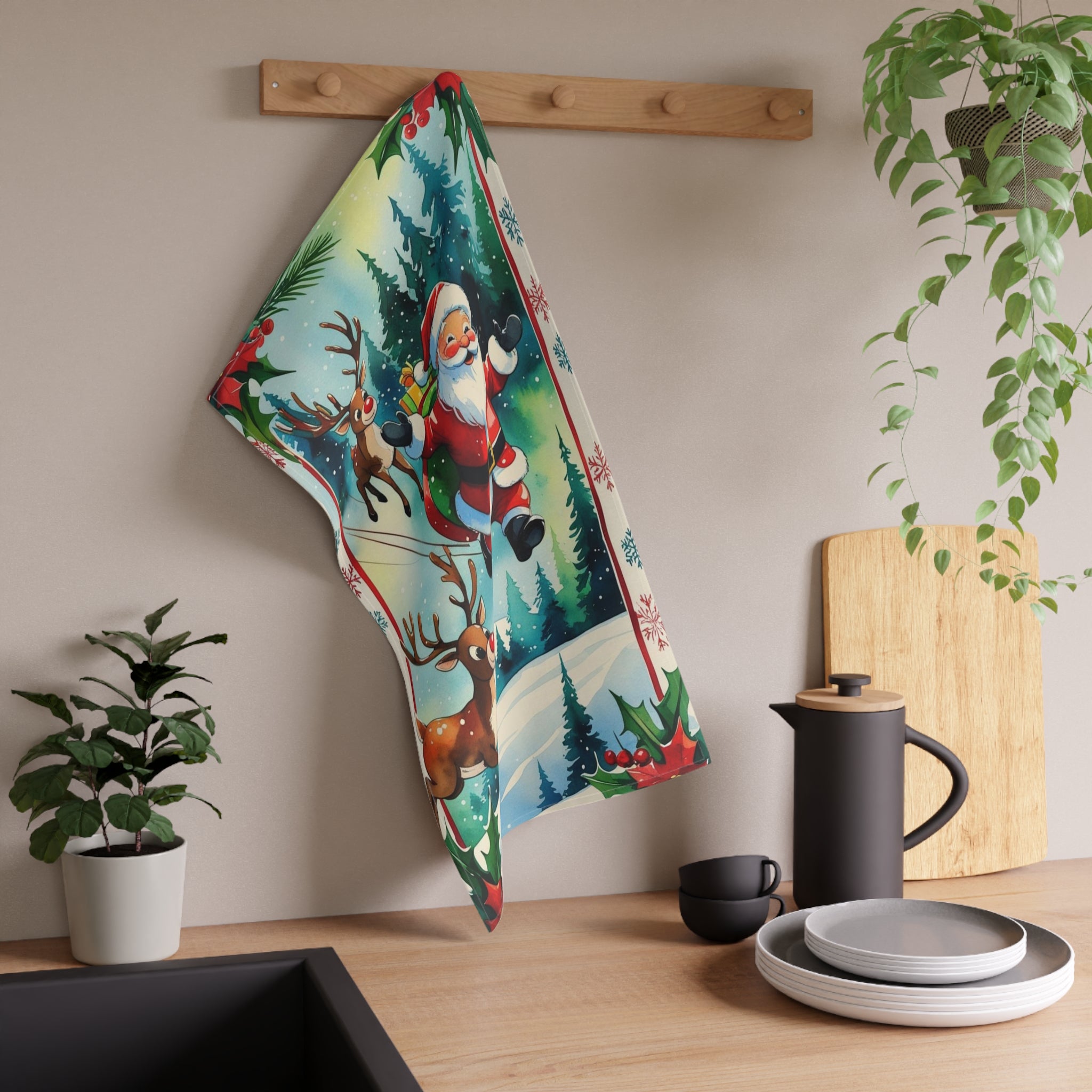 Festive Christmas Tea Towel with Santa and Reindeer Design