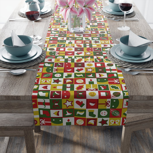 Table Runner – Red & Green Christmas Icons – Festive Dining Decor & Holiday Gift