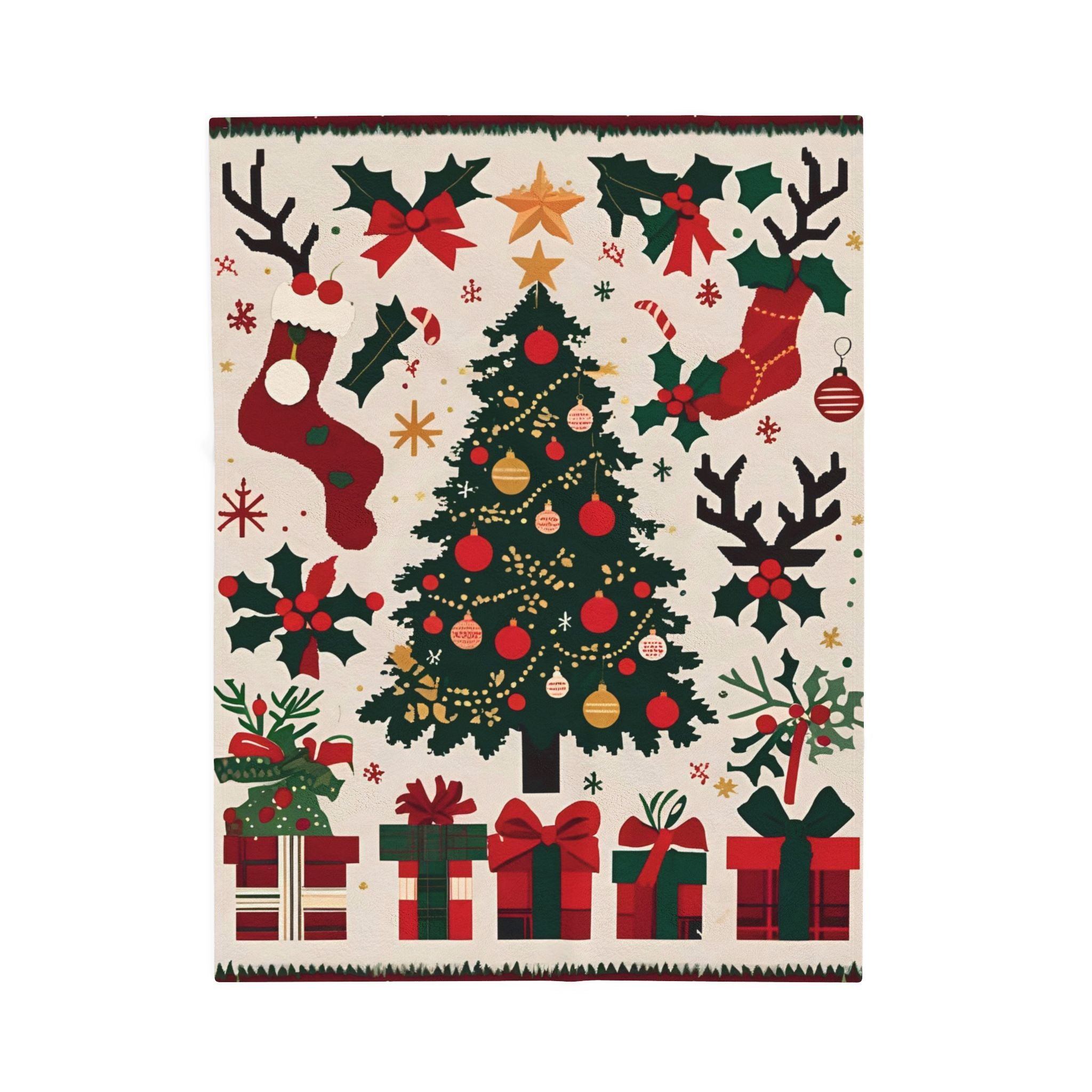 Christmas Tree Velveteen Plush Blanket – Holiday Stockings, Gifts & Holly Print Throw