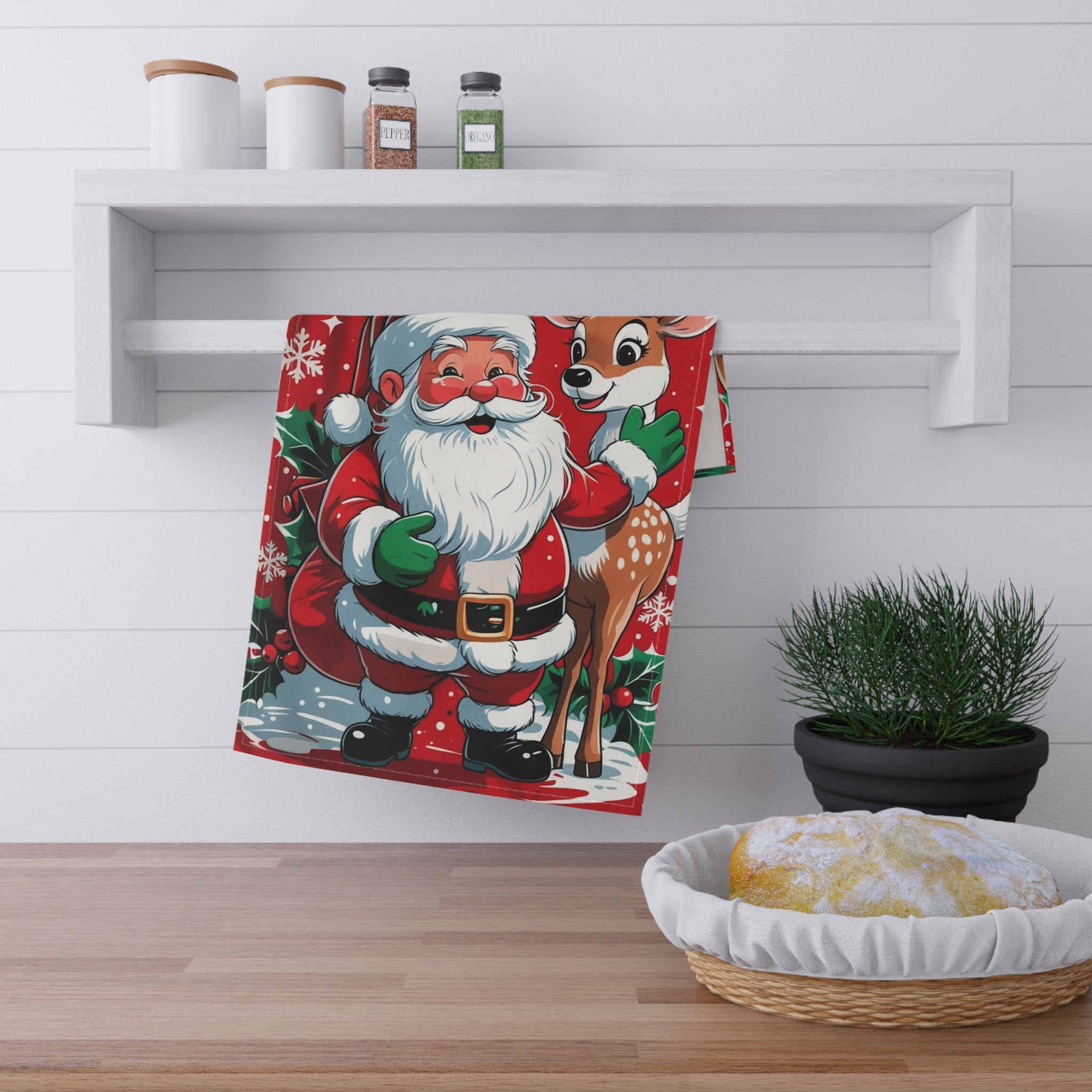 Christmas Tea Towel with Santa Claus and Deer Design