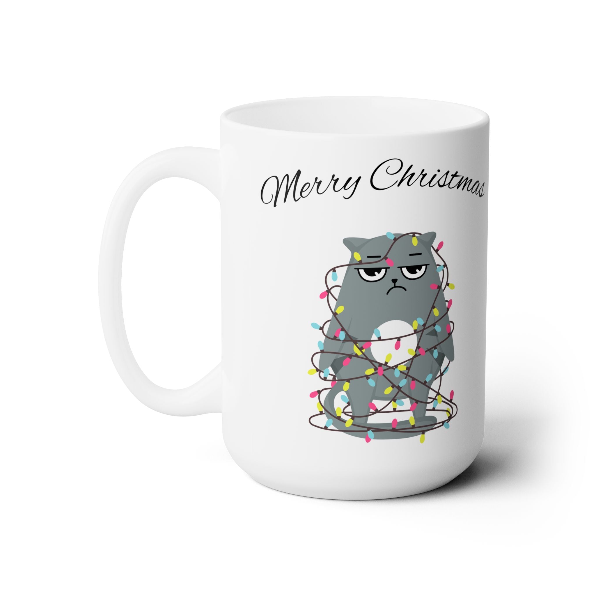 15oz Ceramic Mug – Grumpy Cat Christmas Lights Design – Funny Holiday Gift for Coffee Lovers & Cat Fans