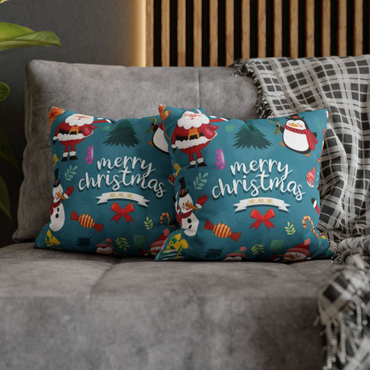Indoor Pillowcase – Blue Christmas Design with Santa, Snowmen & Penguins – Festive Holiday Decor Accent