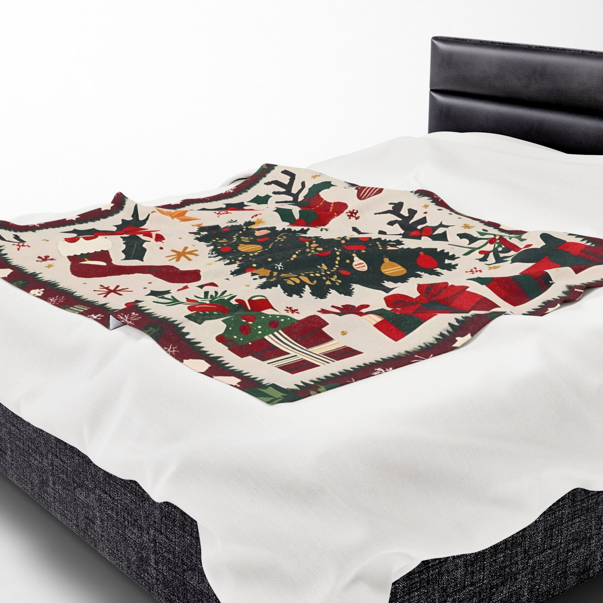 Christmas Tree Velveteen Plush Blanket – Holiday Stockings, Gifts & Holly Print Throw