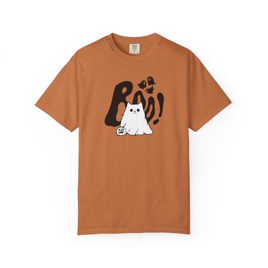 BOO Ghost Cat T-shirt– Pumpkin Purrfection for Halloween