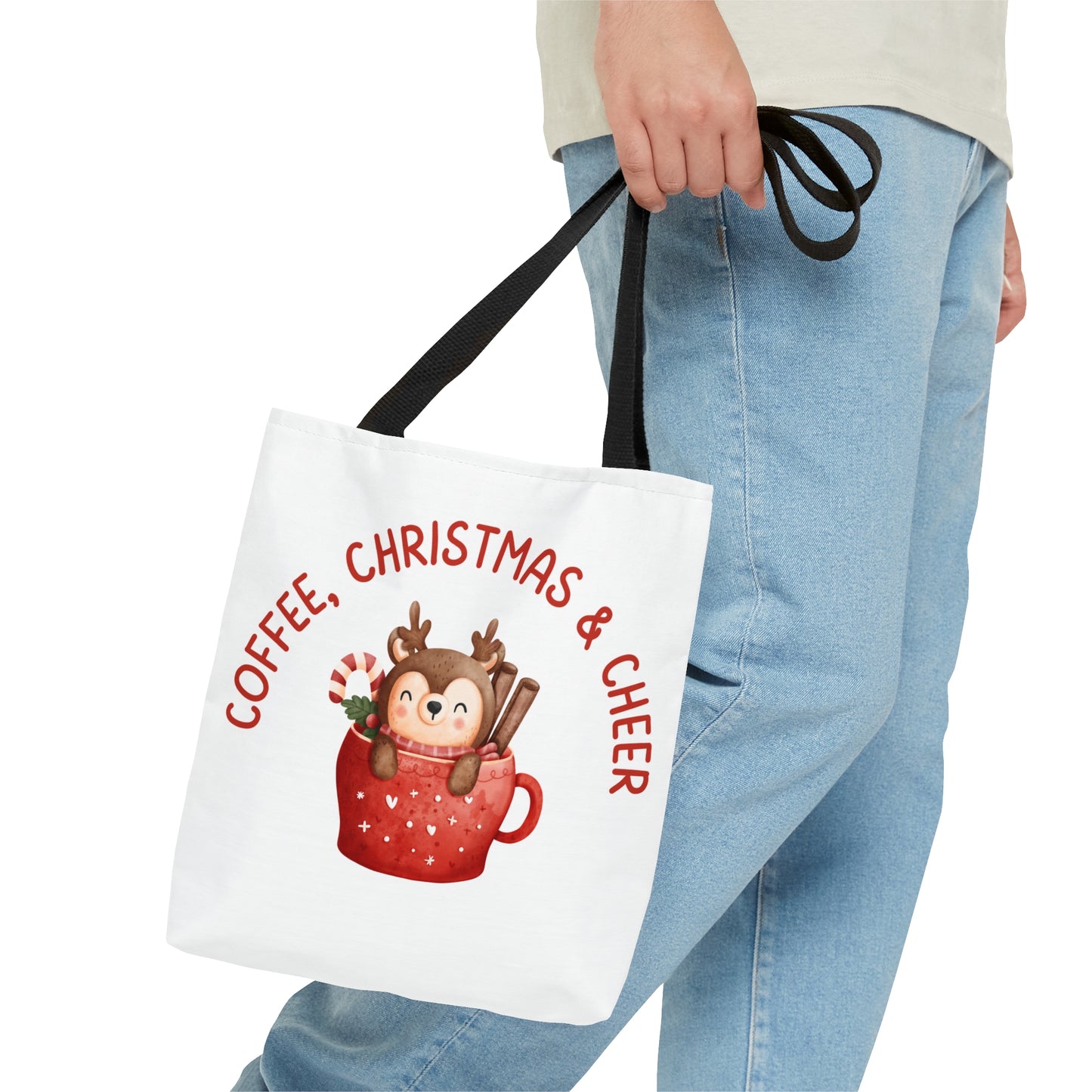 Tote Bag – COFFEE, CHRISTMAS & CHEER Reindeer Design – Gift for Holiday Shoppers, Winter Coffee Lovers
