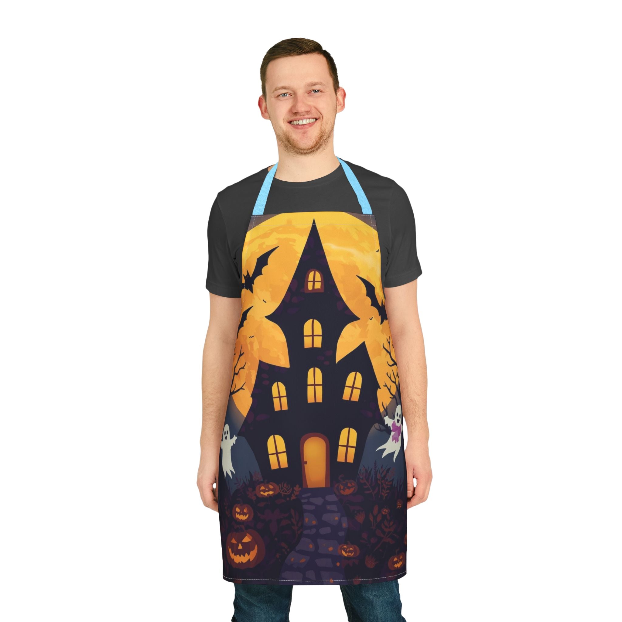 Halloween Apron with Haunted House, Ghosts, and Pumpkin Design