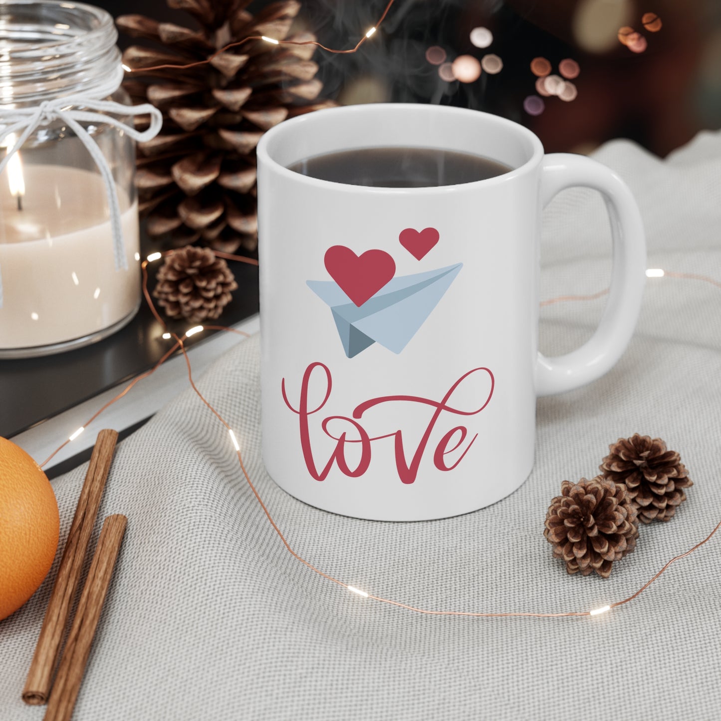 Love with Flying Heart Printed Valentine Ceramic Mugs, 11oz