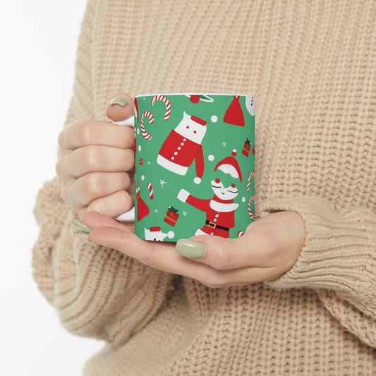 Ceramic Mug – Green Christmas Design with Santa, Candy Canes & Gifts – Holiday Gift for Coffee & Cocoa Lovers
