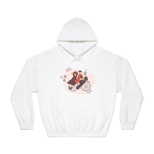 Couple on Cycle Printed Unisex DryBlend® Hooded Sweatshirt for Valentine