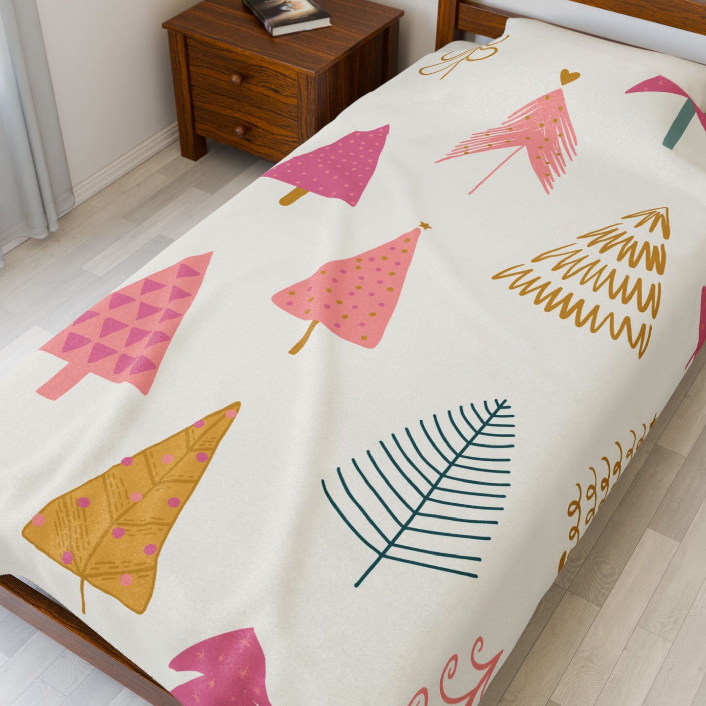 Velveteen Plush Blanket - Christmas Trees Pink Green Gold Holiday Throw
