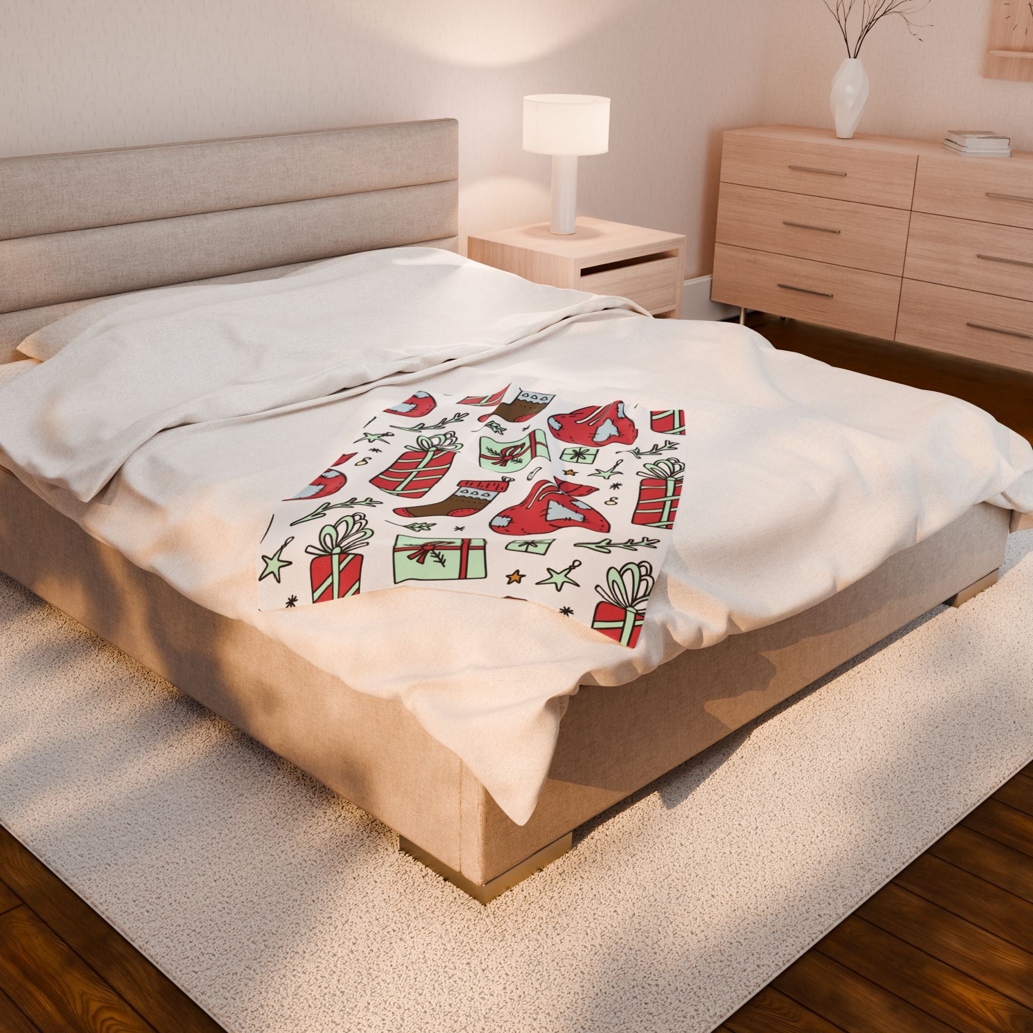 Gift Bag & Candy Cane Velveteen Plush Blanket – Festive Christmas Present Pattern
