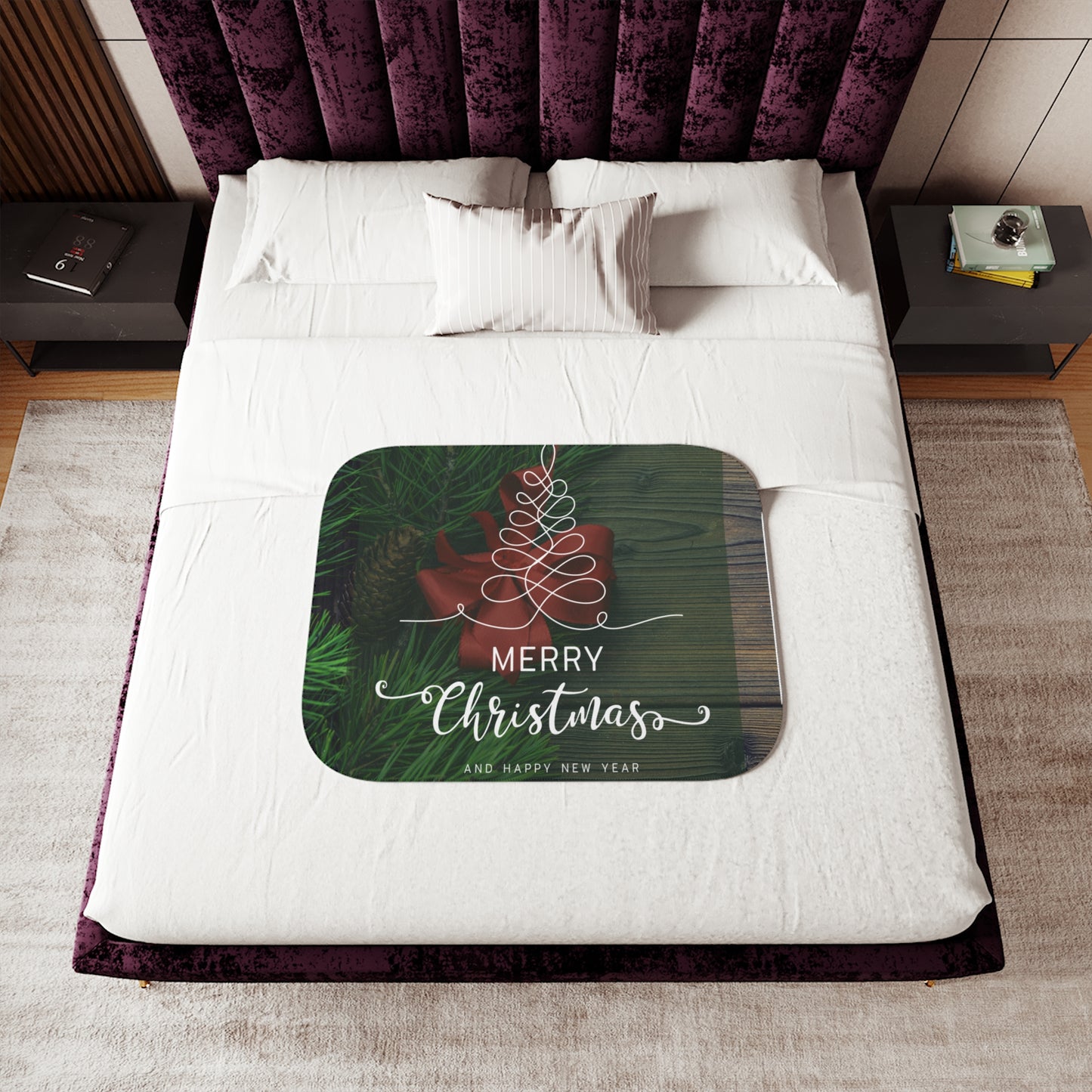 Merry Christmas and Happy New Year Printed Sherpa Blanket, Green