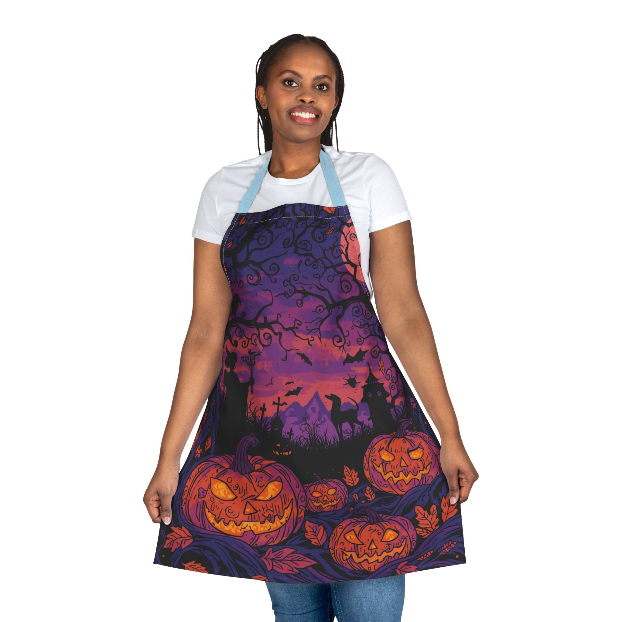 Halloween Apron with Witch, Pumpkin, and Haunted House Design