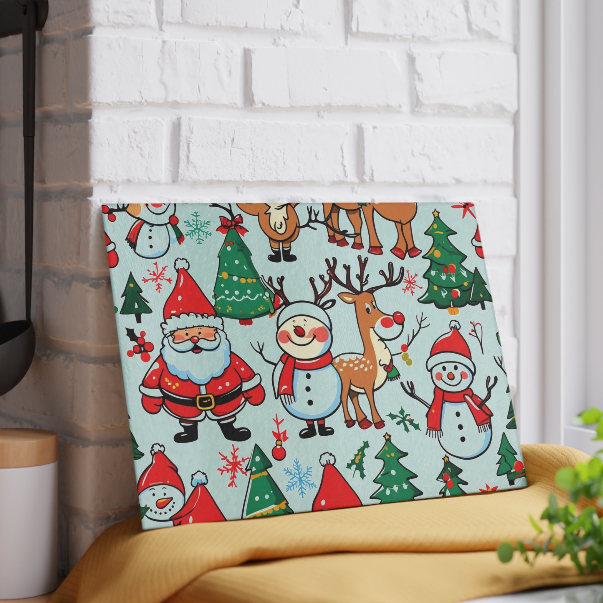 Christmas Cutting Board with Santa, Snowman, and Reindeer Design