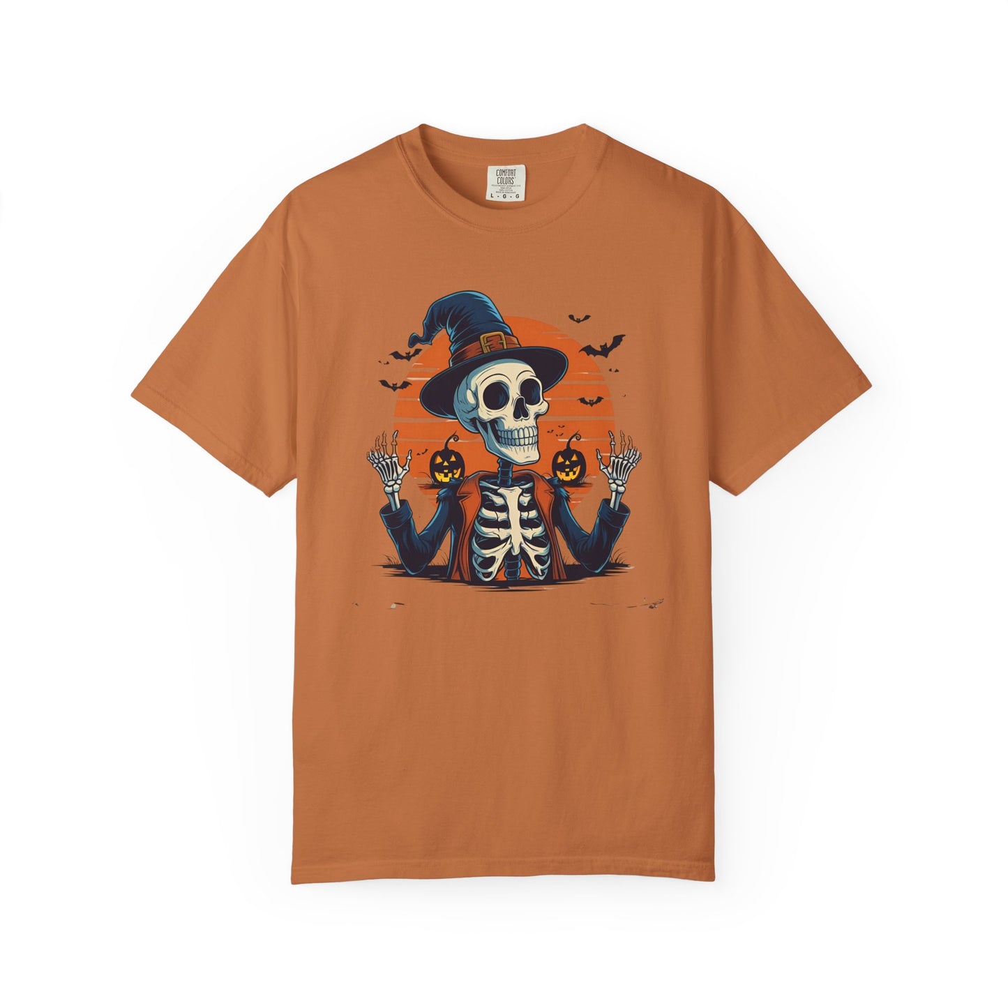 Skeleton Witch Halloween T-shirt for Adults & Teens, Funny Spooky Sunset Graphic Tee, Unisex Garment-Dyed Top, Pumpkin Hat Shirt, Halloween